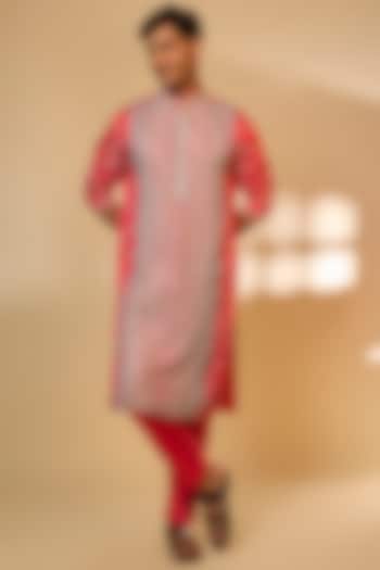 Red Orange Linen Satin Silk Resham Embroidered Kurta Set by PARV DESIGN STUDIO