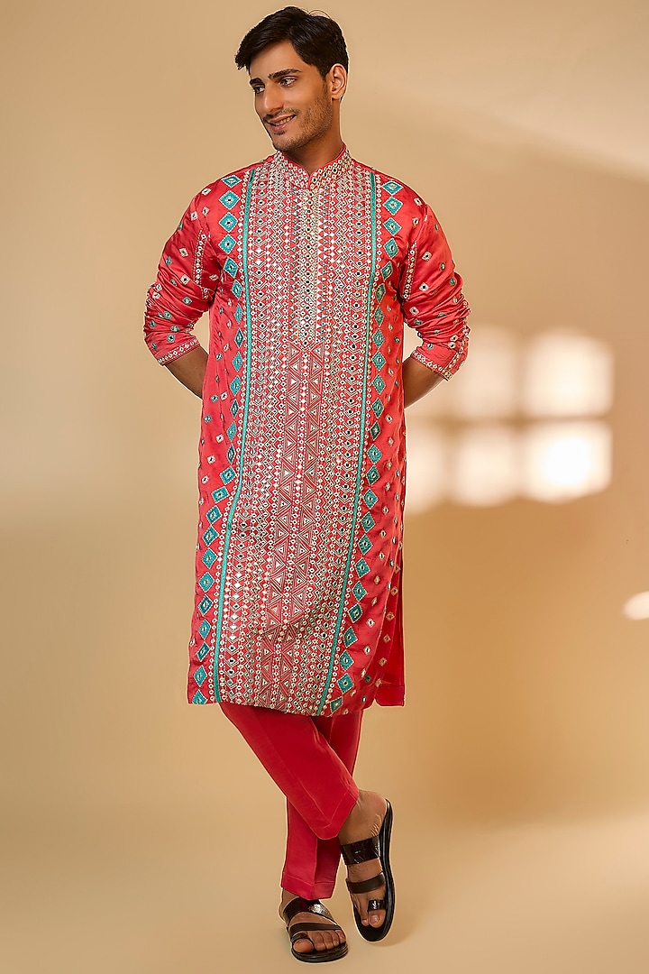 Red Orange Linen Satin Silk Resham Embroidered Kurta Set by PARV DESIGN STUDIO