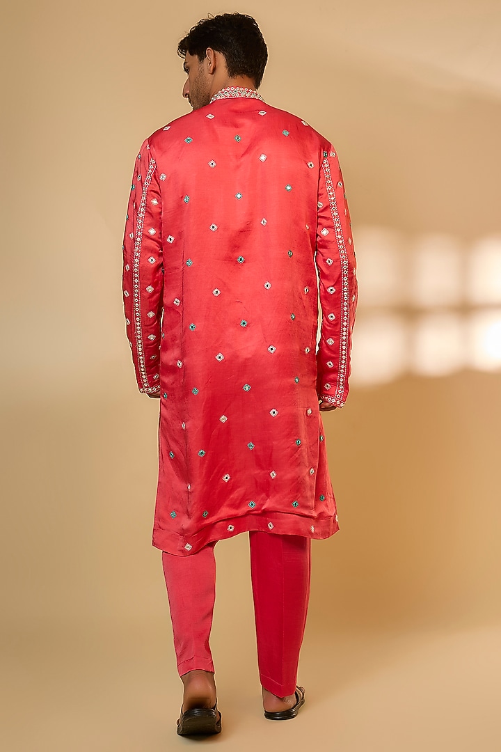 Red Orange Linen Satin Silk Resham Embroidered Kurta Set by PARV DESIGN STUDIO at Pernia's Pop Up Shop