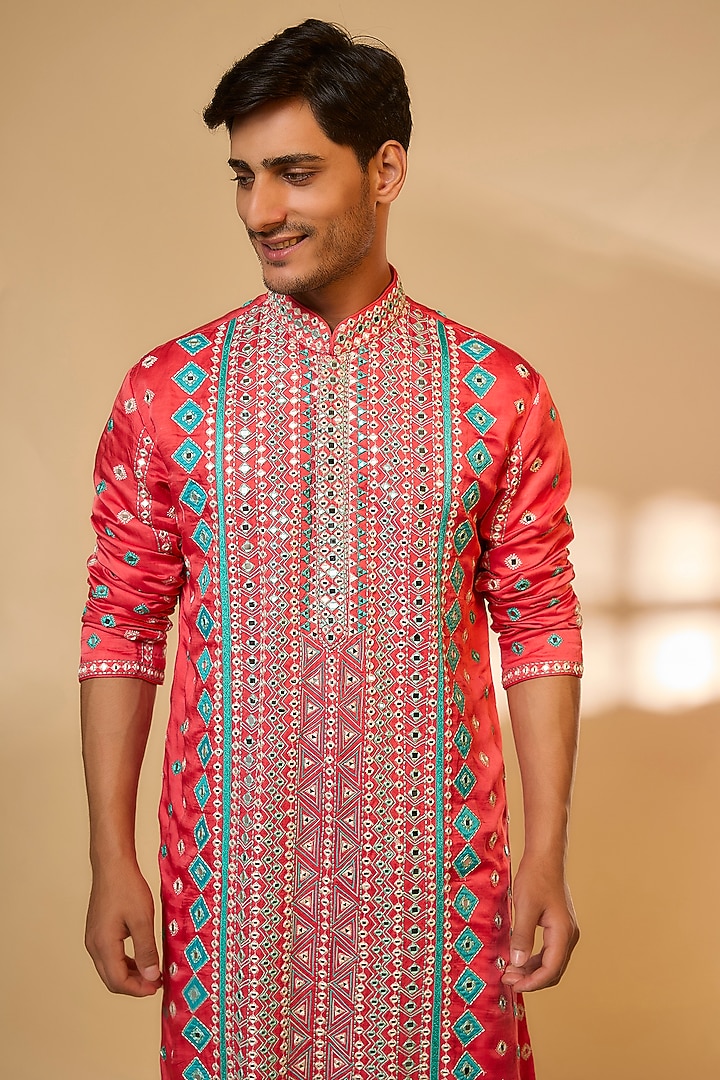 Red Orange Linen Satin Silk Resham Embroidered Kurta Set by PARV DESIGN STUDIO at Pernia's Pop Up Shop