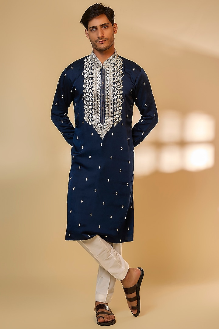 Navy Blue Linen Satin Silk Zari Embroidered Kurta Set by PARV DESIGN STUDIO