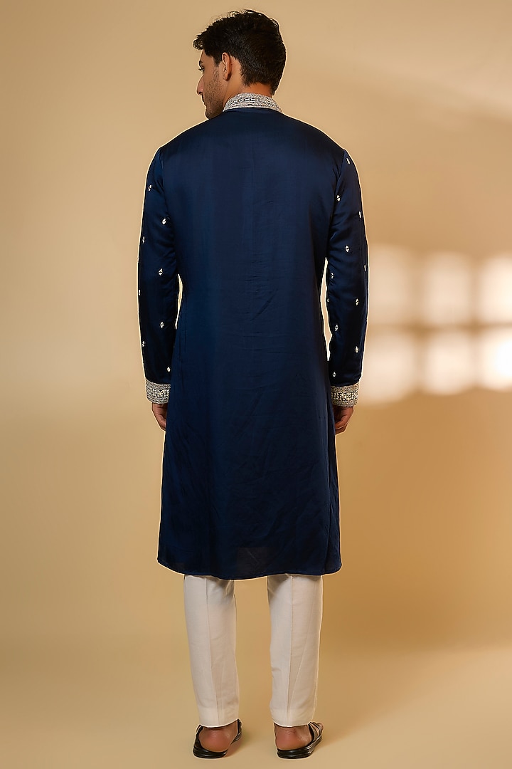 Navy Blue Linen Satin Silk Zari Embroidered Kurta Set by PARV DESIGN STUDIO at Pernia's Pop Up Shop