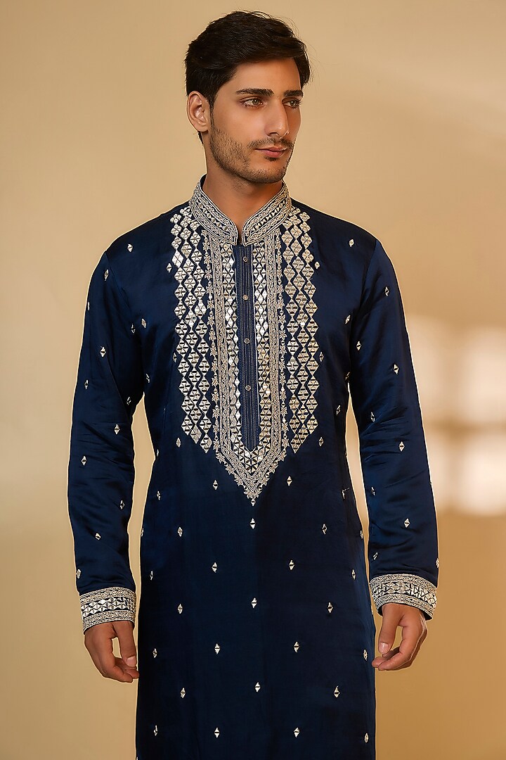 Navy Blue Linen Satin Silk Zari Embroidered Kurta Set by PARV DESIGN STUDIO at Pernia's Pop Up Shop