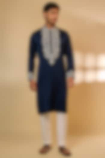 Navy Blue Linen Satin Silk Resham Embroidered Kurta Set by PARV DESIGN STUDIO