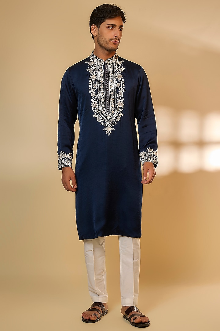 Navy Blue Linen Satin Silk Resham Embroidered Kurta Set by PARV DESIGN STUDIO
