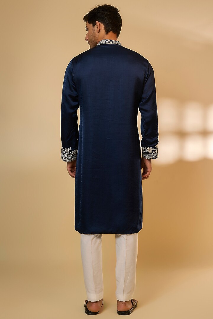 Navy Blue Linen Satin Silk Resham Embroidered Kurta Set by PARV DESIGN STUDIO at Pernia's Pop Up Shop