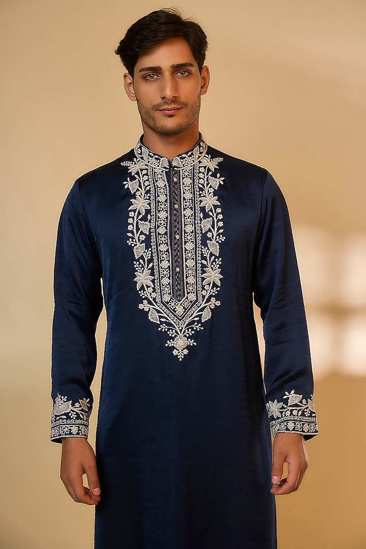 Navy Blue Linen Satin Silk Resham Embroidered Kurta Set by PARV DESIGN STUDIO at Pernia's Pop Up Shop