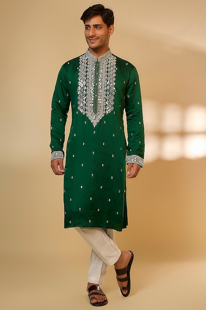 Dark Green Linen Satin Silk Mirror Embroidered Kurta Set by PARV DESIGN STUDIO