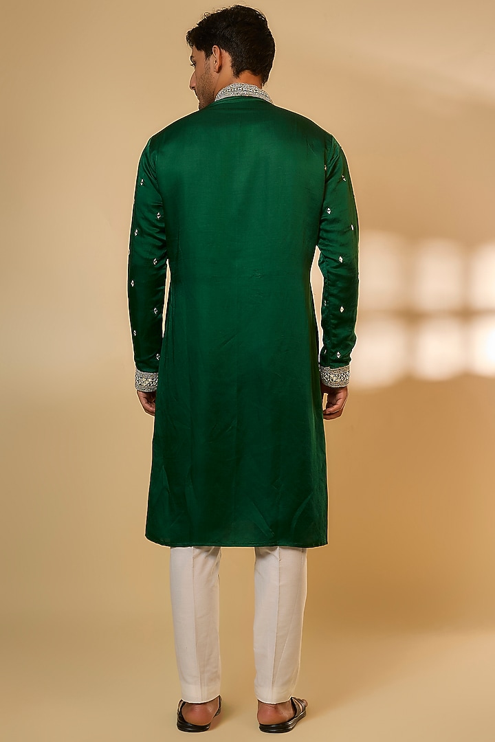 Dark Green Linen Satin Silk Mirror Embroidered Kurta Set by PARV DESIGN STUDIO at Pernia's Pop Up Shop