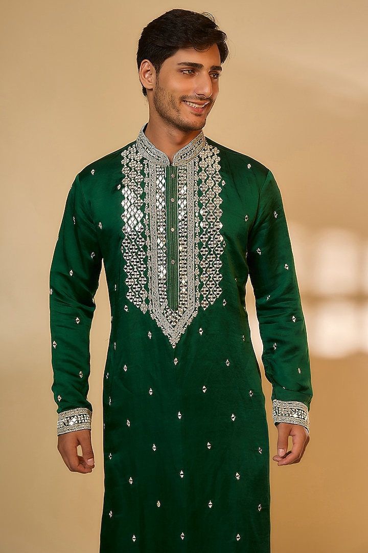 Dark Green Linen Satin Silk Mirror Embroidered Kurta Set by PARV DESIGN STUDIO at Pernia's Pop Up Shop