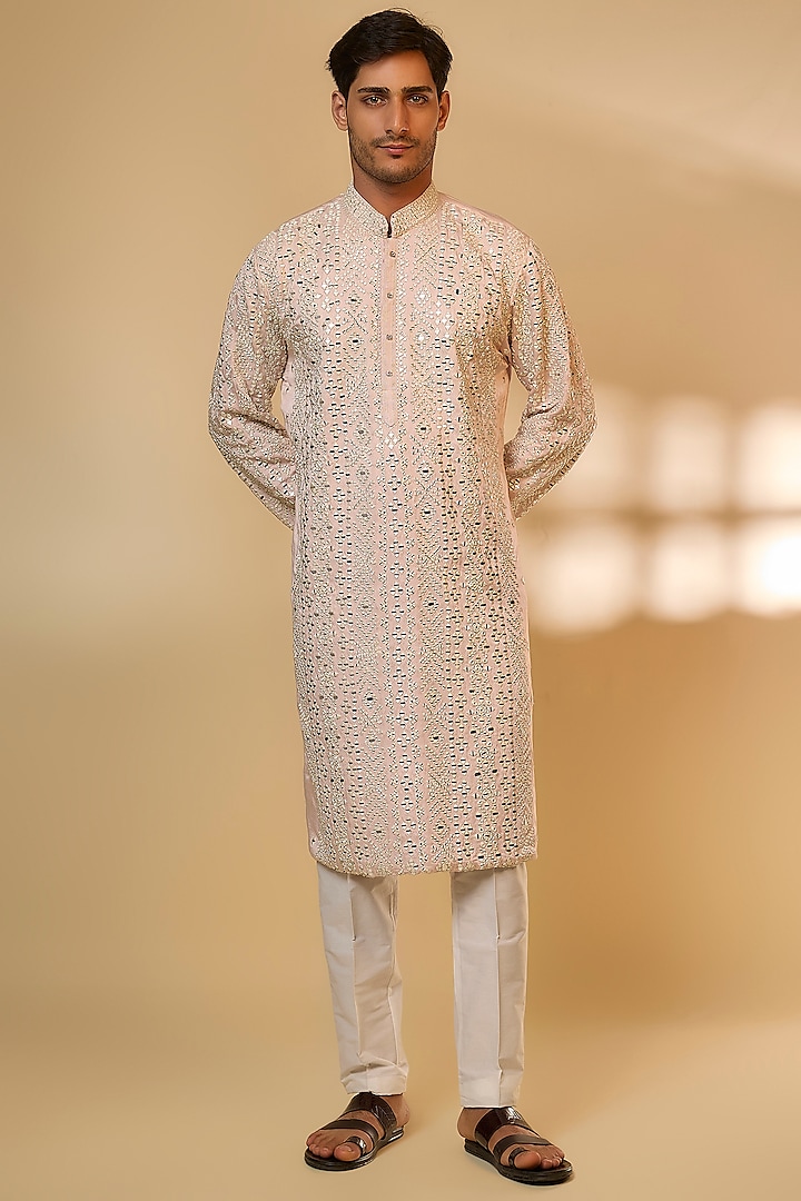 Light Pink Chanderi Silk Resham Embroidered Kurta Set by PARV DESIGN STUDIO