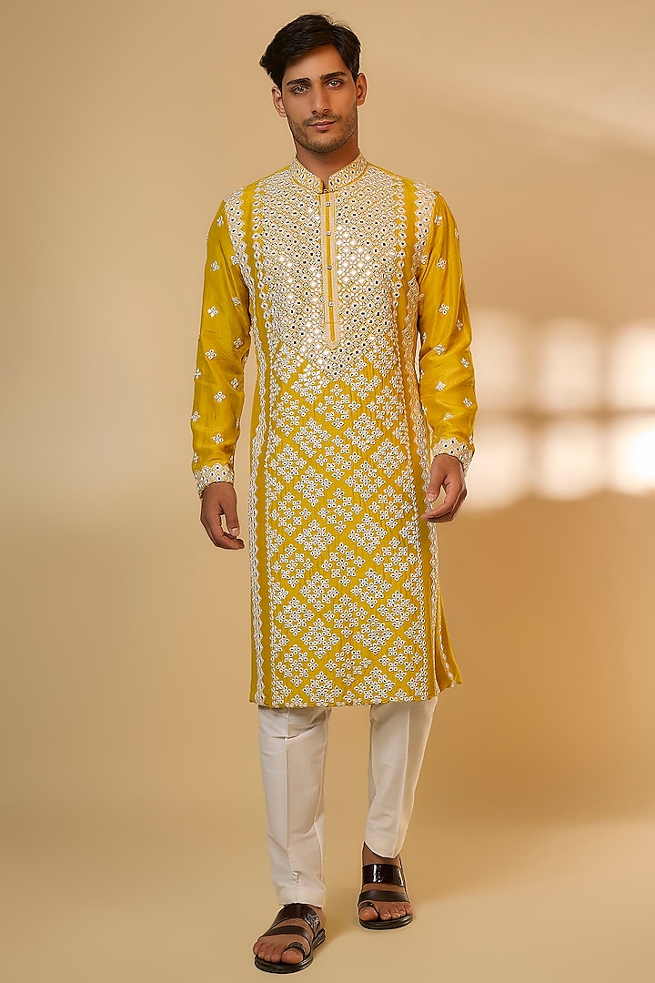 Yellow Chanderi Silk Resham Embroidered Kurta Set by PARV DESIGN STUDIO