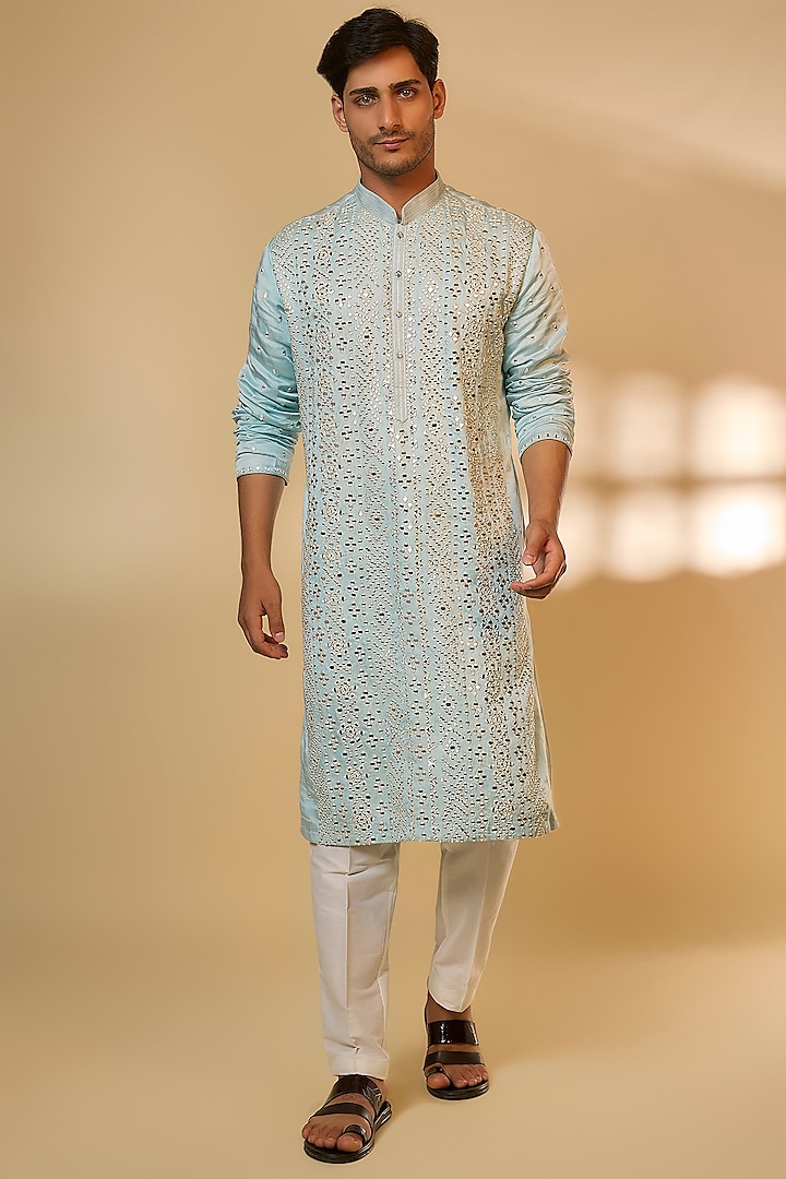 Sky Blue Chanderi Silk Resham Embroidered Kurta Set by PARV DESIGN STUDIO