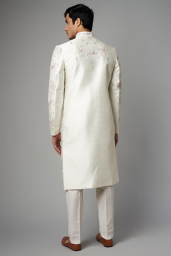 Off-White Chanderi Silk Embroidered Wedding Sherwani Set by PARV DESIGN STUDIO at Pernia's Pop Up Shop