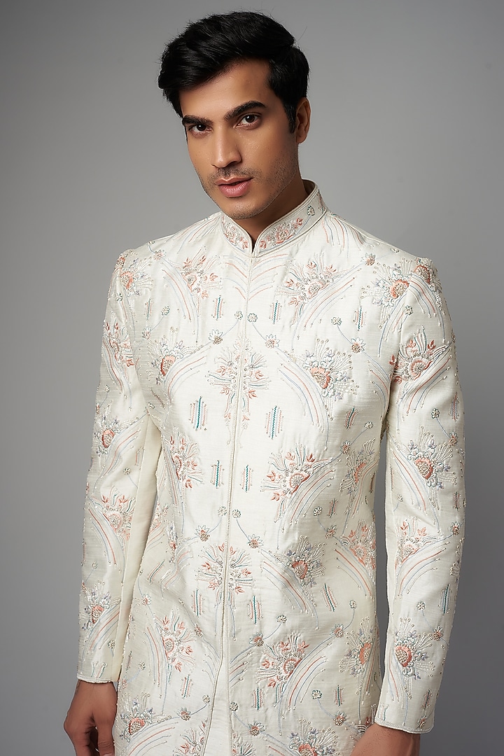Off-White Chanderi Silk Embroidered Wedding Sherwani Set by PARV DESIGN STUDIO at Pernia's Pop Up Shop