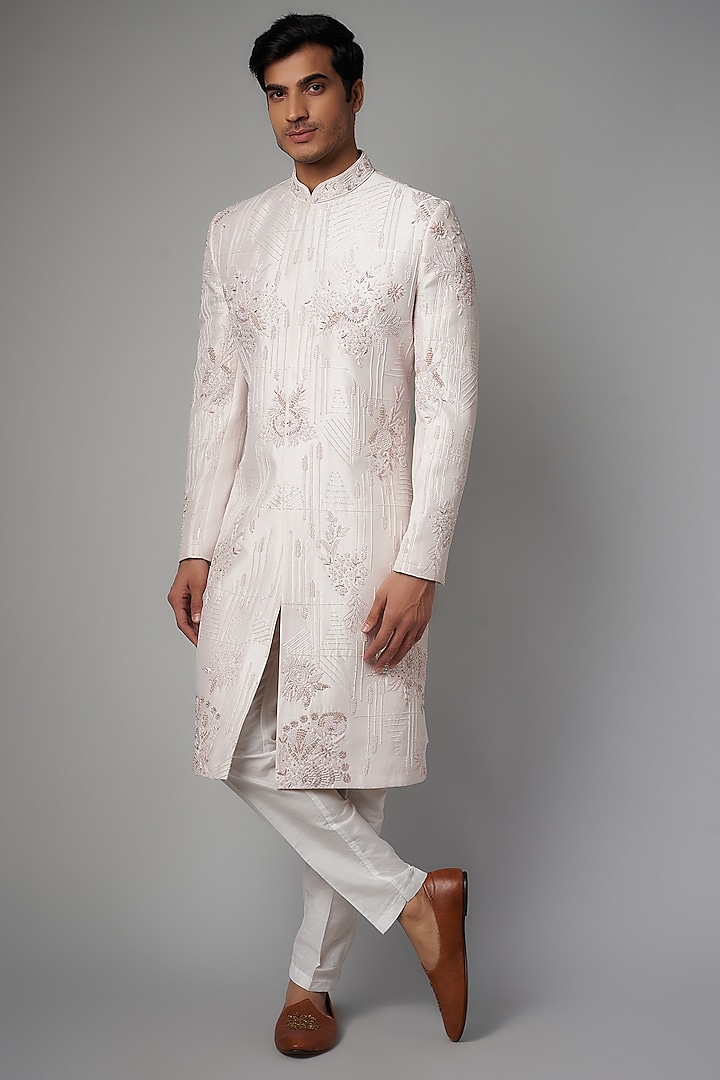 White Mulberry Silk Embroidered Wedding Sherwani Set by PARV DESIGN STUDIO at Pernia's Pop Up Shop