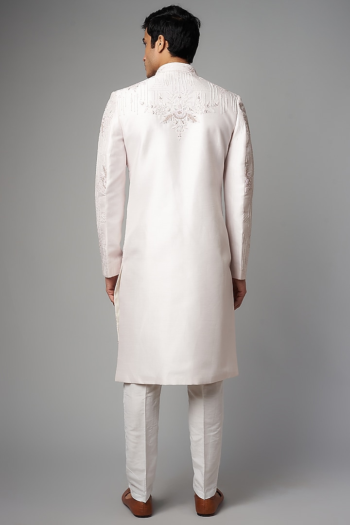 White Mulberry Silk Embroidered Wedding Sherwani Set by PARV DESIGN STUDIO at Pernia's Pop Up Shop