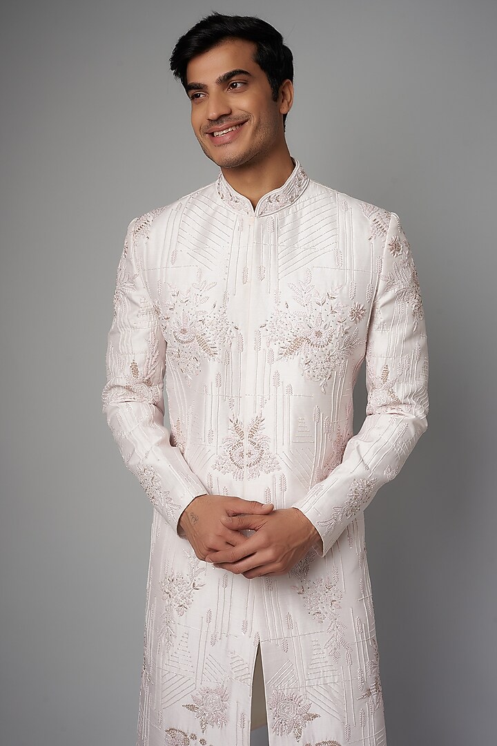 White Mulberry Silk Embroidered Wedding Sherwani Set by PARV DESIGN STUDIO at Pernia's Pop Up Shop