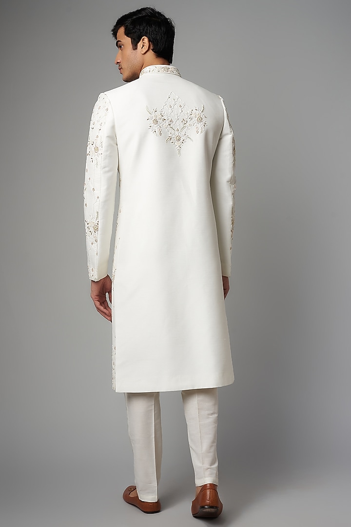 White Mulberry Silk Embroidered Wedding Sherwani Set by PARV DESIGN STUDIO at Pernia's Pop Up Shop