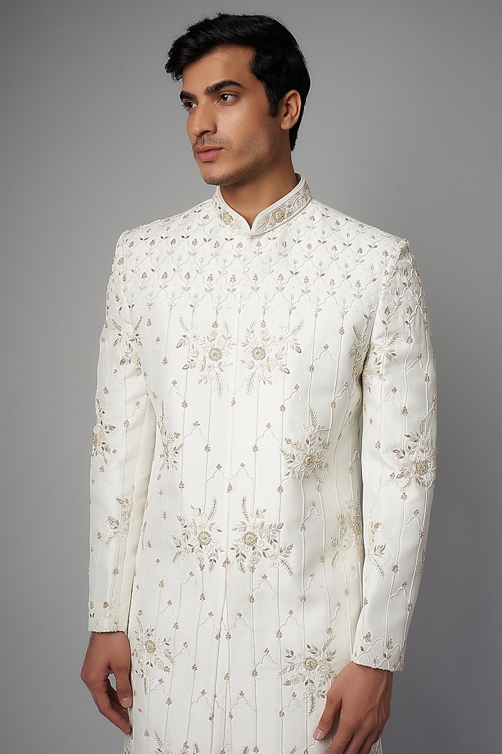 White Mulberry Silk Embroidered Wedding Sherwani Set by PARV DESIGN STUDIO at Pernia's Pop Up Shop