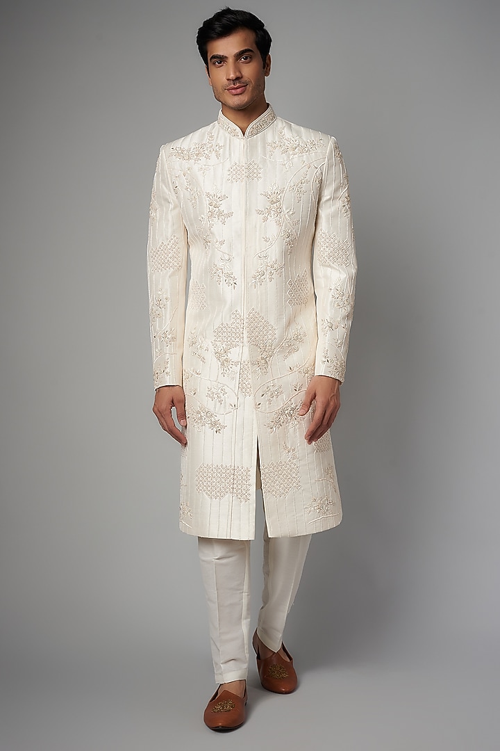 Off-White Mulberry Silk Embroidered Wedding Sherwani Set by PARV DESIGN STUDIO at Pernia's Pop Up Shop