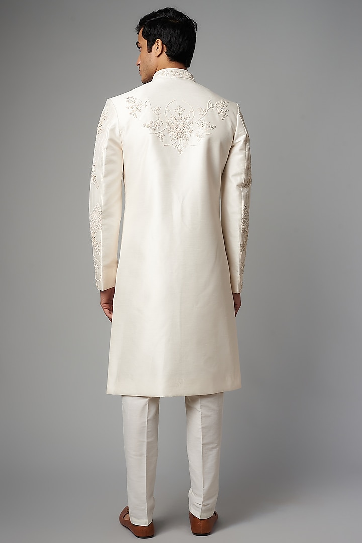 Off-White Mulberry Silk Embroidered Wedding Sherwani Set by PARV DESIGN STUDIO at Pernia's Pop Up Shop