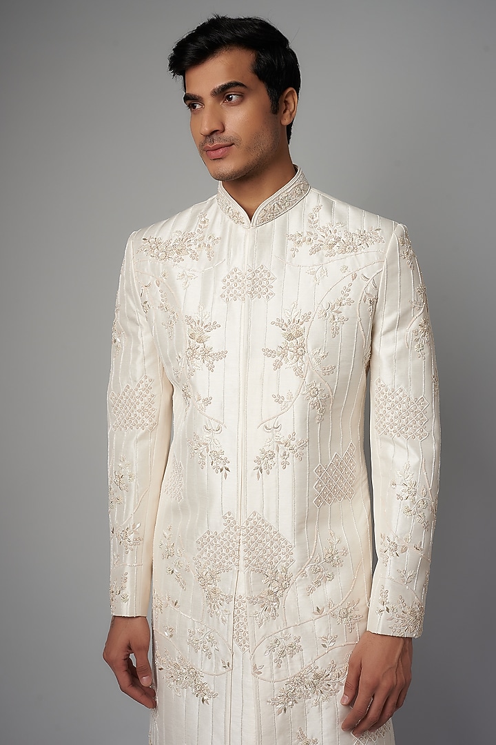 Off-White Mulberry Silk Embroidered Wedding Sherwani Set by PARV DESIGN STUDIO at Pernia's Pop Up Shop