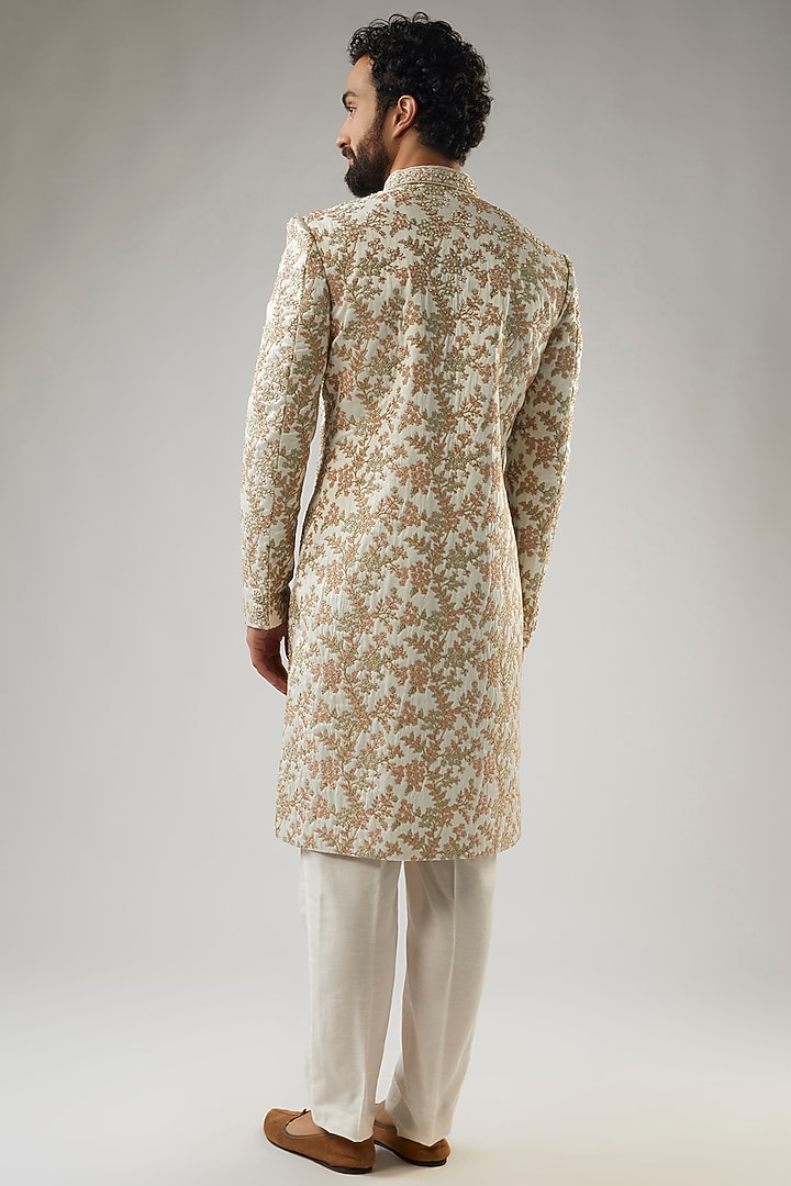 Pearl White Mulberry Silk Satin Embroidered Wedding Sherwani Set by PARV DESIGN STUDIO at Pernia's Pop Up Shop