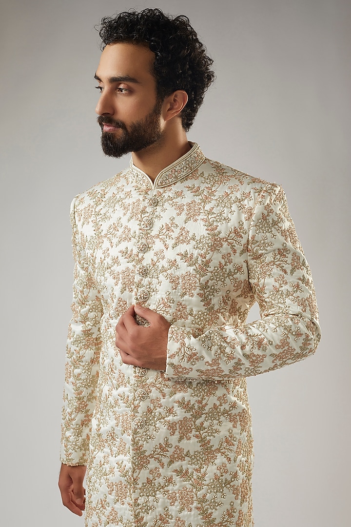 Pearl White Mulberry Silk Satin Embroidered Wedding Sherwani Set by PARV DESIGN STUDIO at Pernia's Pop Up Shop