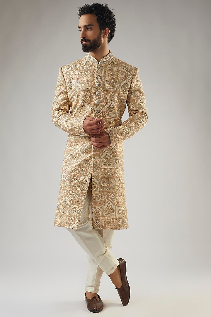 Beige Mulberry Silk Satin Embroidered Sherwani Set by PARV DESIGN STUDIO