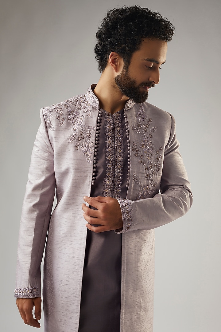 Purple Silk Embroidered Wedding Indowestern Set by PARV DESIGN STUDIO at Pernia's Pop Up Shop