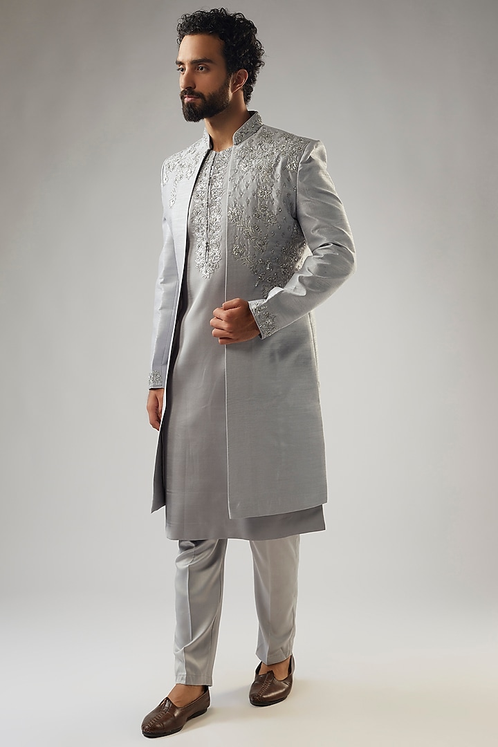 Grey Silk Embroidered Indowestern Set by PARV DESIGN STUDIO