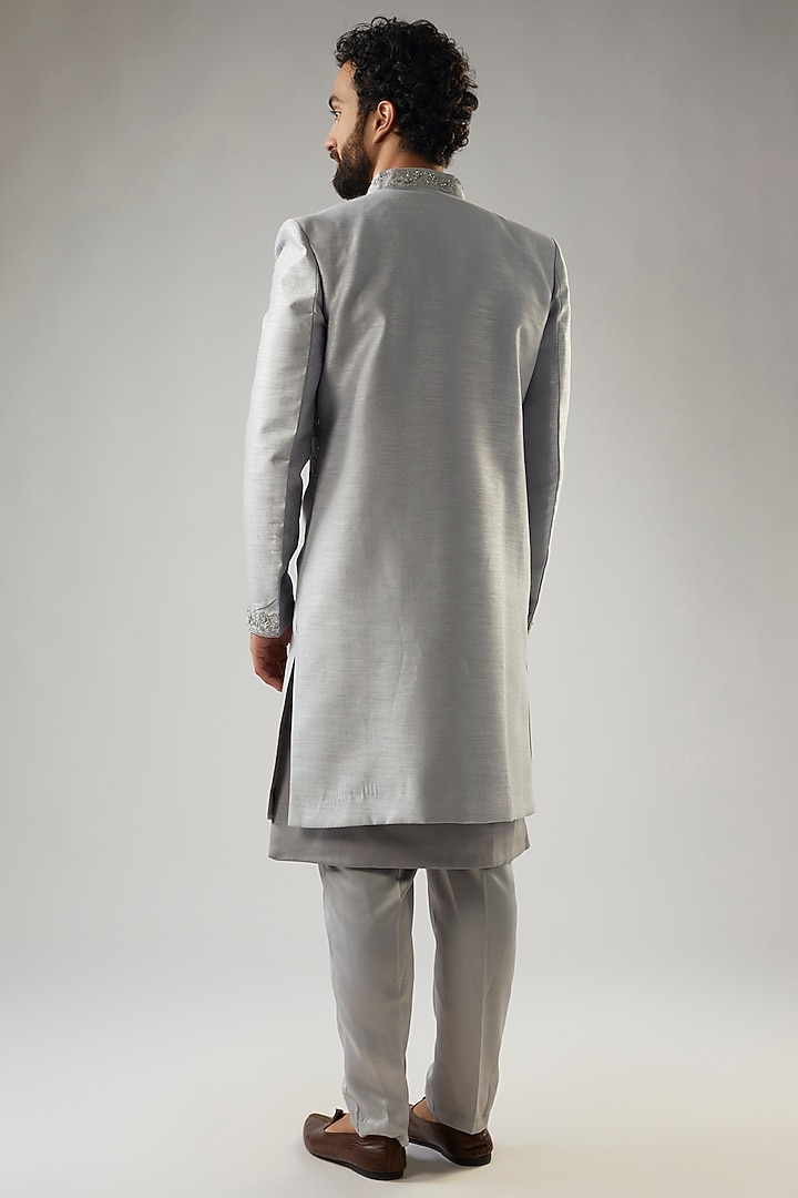 Grey Silk Embroidered Wedding Indowestern Set by PARV DESIGN STUDIO at Pernia's Pop Up Shop