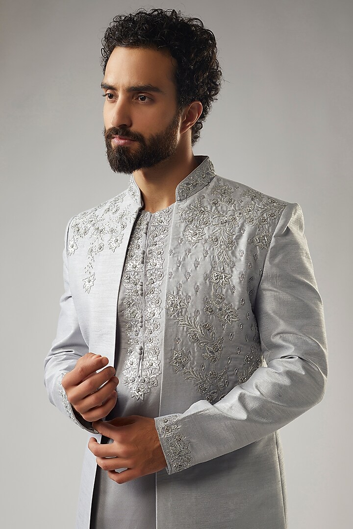 Grey Silk Embroidered Wedding Indowestern Set by PARV DESIGN STUDIO at Pernia's Pop Up Shop