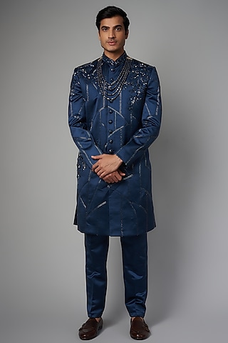 Blue Matte Satin Embroidered Sherwani Set by PARV DESIGN STUDIO