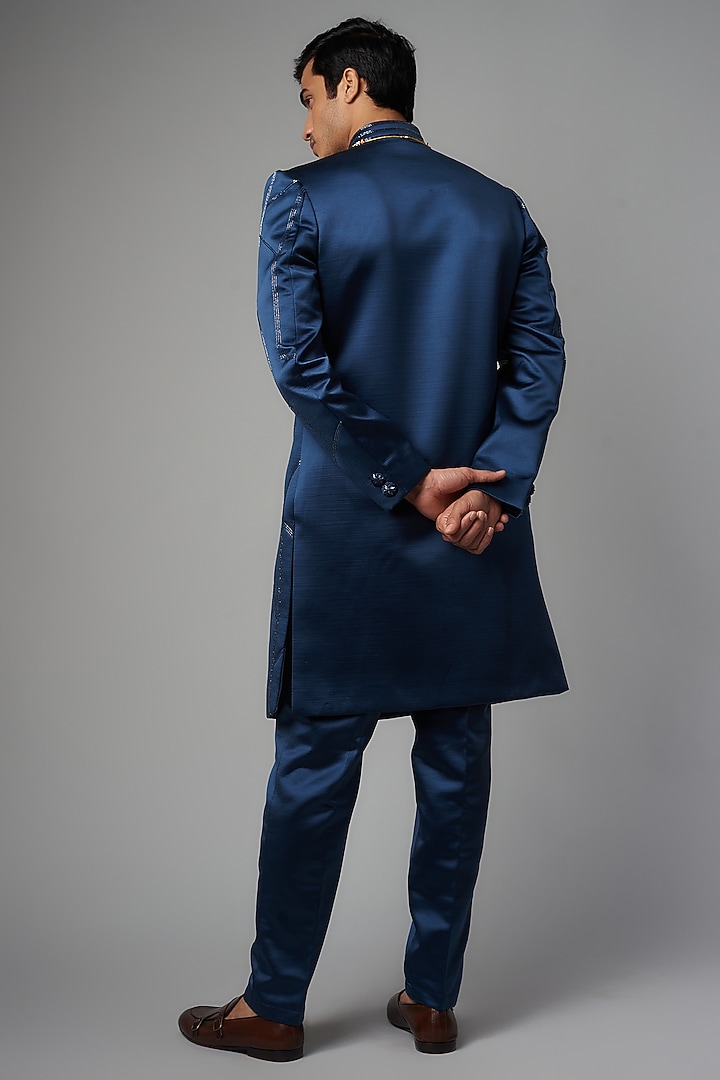 Blue Matte Satin Embroidered Wedding Sherwani Set by PARV DESIGN STUDIO at Pernia's Pop Up Shop
