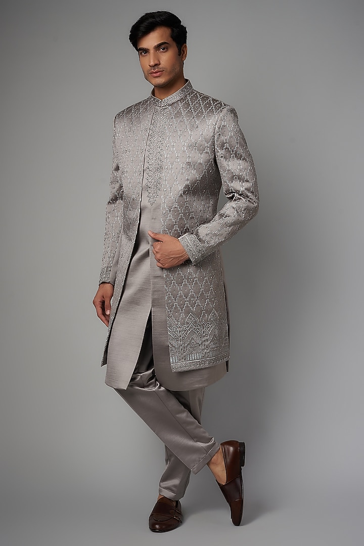 Steel Grey Matte Satin Embroidered Wedding Indowestern Set by PARV DESIGN STUDIO at Pernia's Pop Up Shop