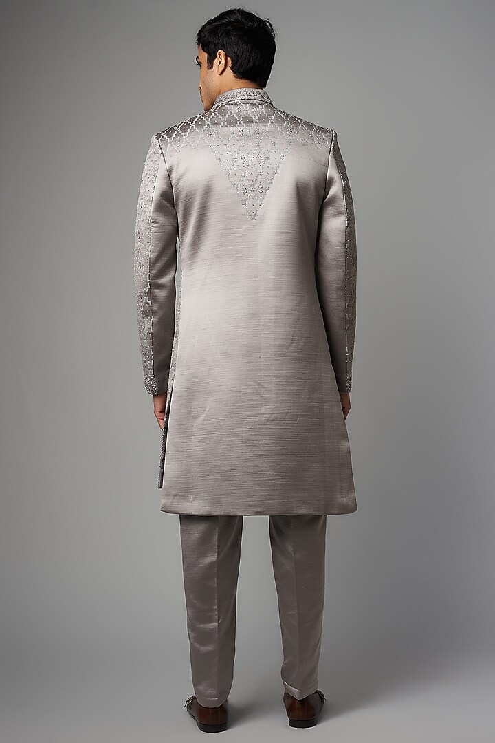 Steel Grey Matte Satin Embroidered Wedding Indowestern Set by PARV DESIGN STUDIO at Pernia's Pop Up Shop