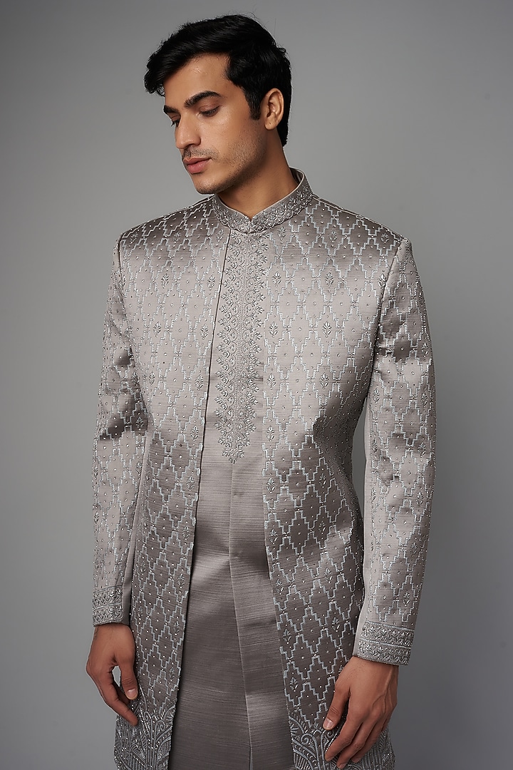 Steel Grey Matte Satin Embroidered Wedding Indowestern Set by PARV DESIGN STUDIO at Pernia's Pop Up Shop