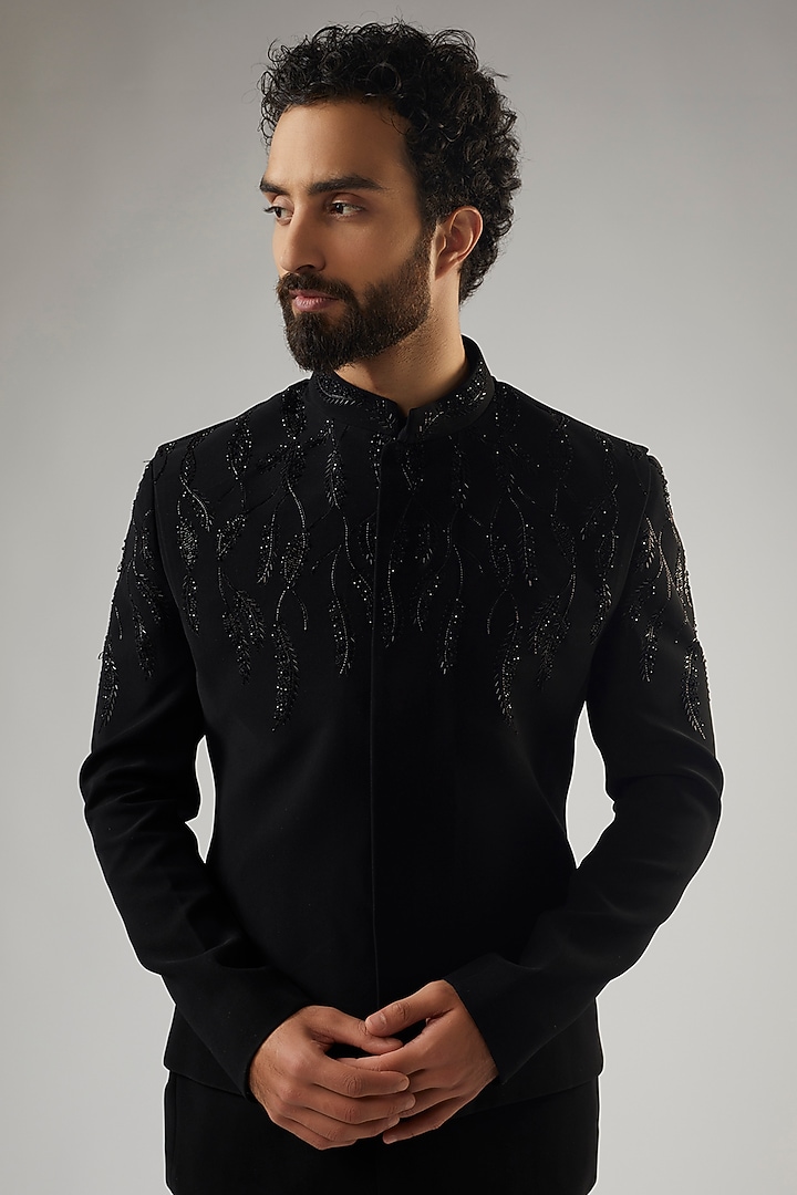 Jet Black Poly Viscose Embroidered Jodhpuri Jacket Set by PARV DESIGN STUDIO at Pernia's Pop Up Shop