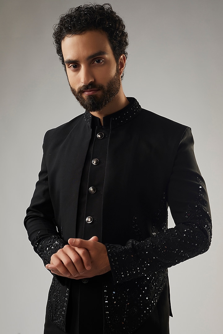 Black Poly Viscose Embroidered Wedding Indowestern Set by PARV DESIGN STUDIO at Pernia's Pop Up Shop