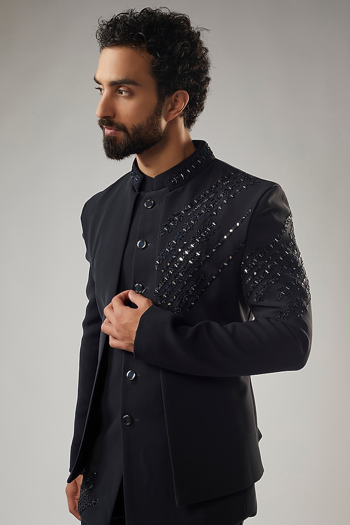Deep Navy Blue Poly Viscose Embroidered Wedding Indowestern Set by PARV DESIGN STUDIO at Pernia's Pop Up Shop