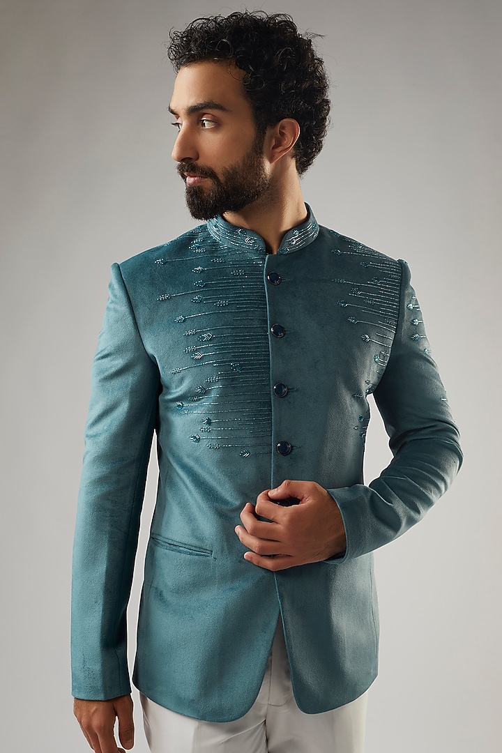 Tiffany Blue Suede Jodhpuri Set by PARV DESIGN STUDIO at Pernia's Pop Up Shop