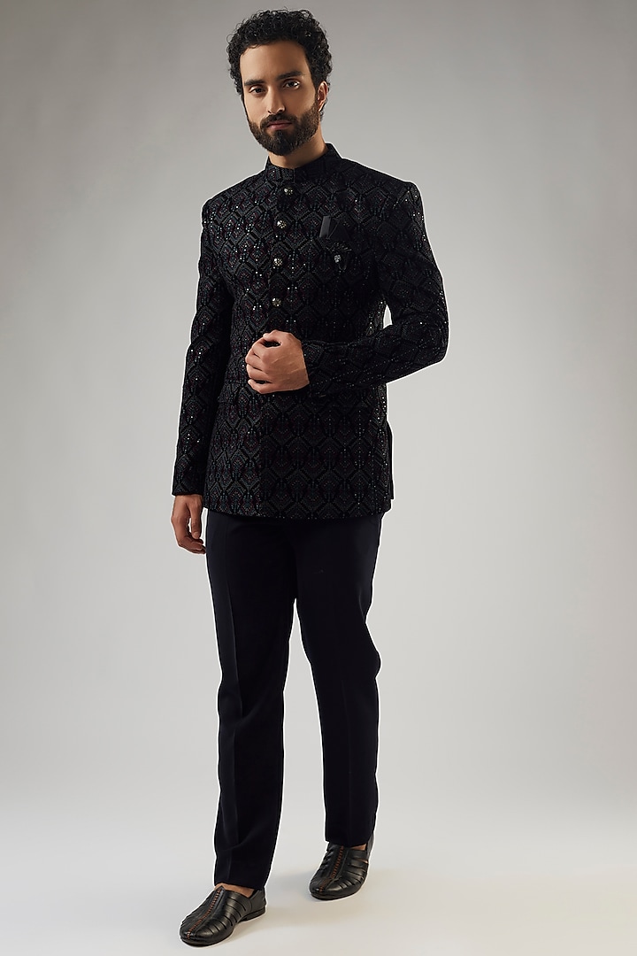 Dark Navy Blue Velvet Embroidered Jodhpuri Set by PARV DESIGN STUDIO at Pernia's Pop Up Shop