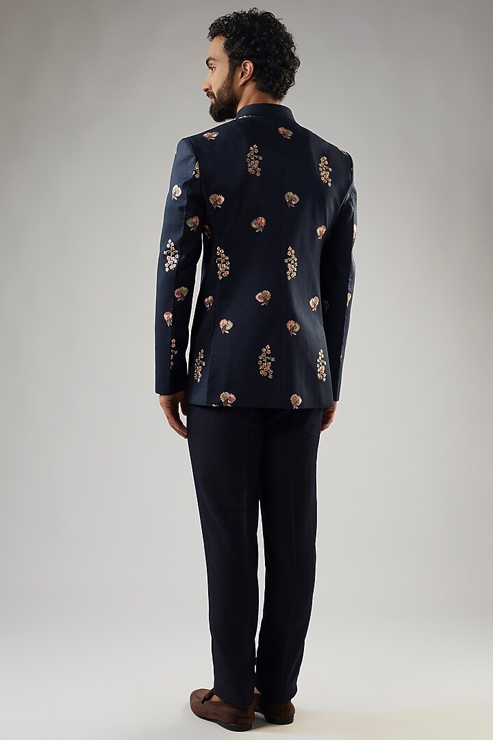 Midnight Blue Tussar Silk Embroidered Jodhpuri Set by PARV DESIGN STUDIO at Pernia's Pop Up Shop