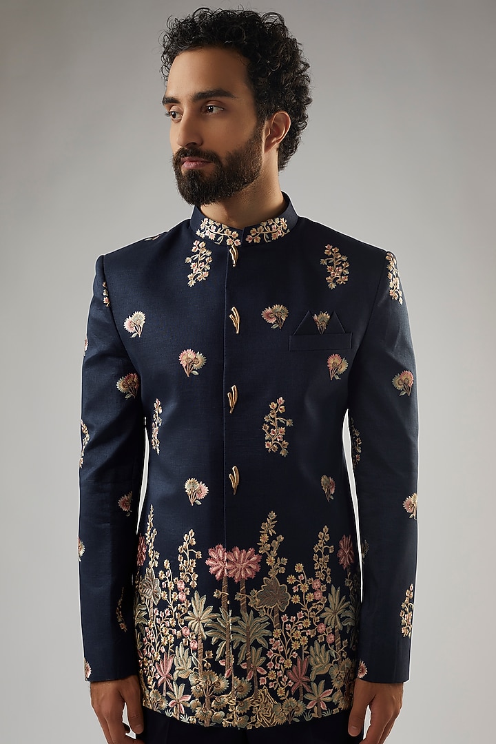 Midnight Blue Tussar Silk Embroidered Jodhpuri Set by PARV DESIGN STUDIO at Pernia's Pop Up Shop