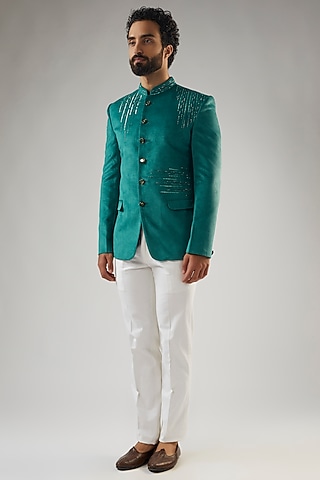 Caribbean Turquoise Knitted Velvet Embroidered Jodhpuri Set by PARV DESIGN STUDIO