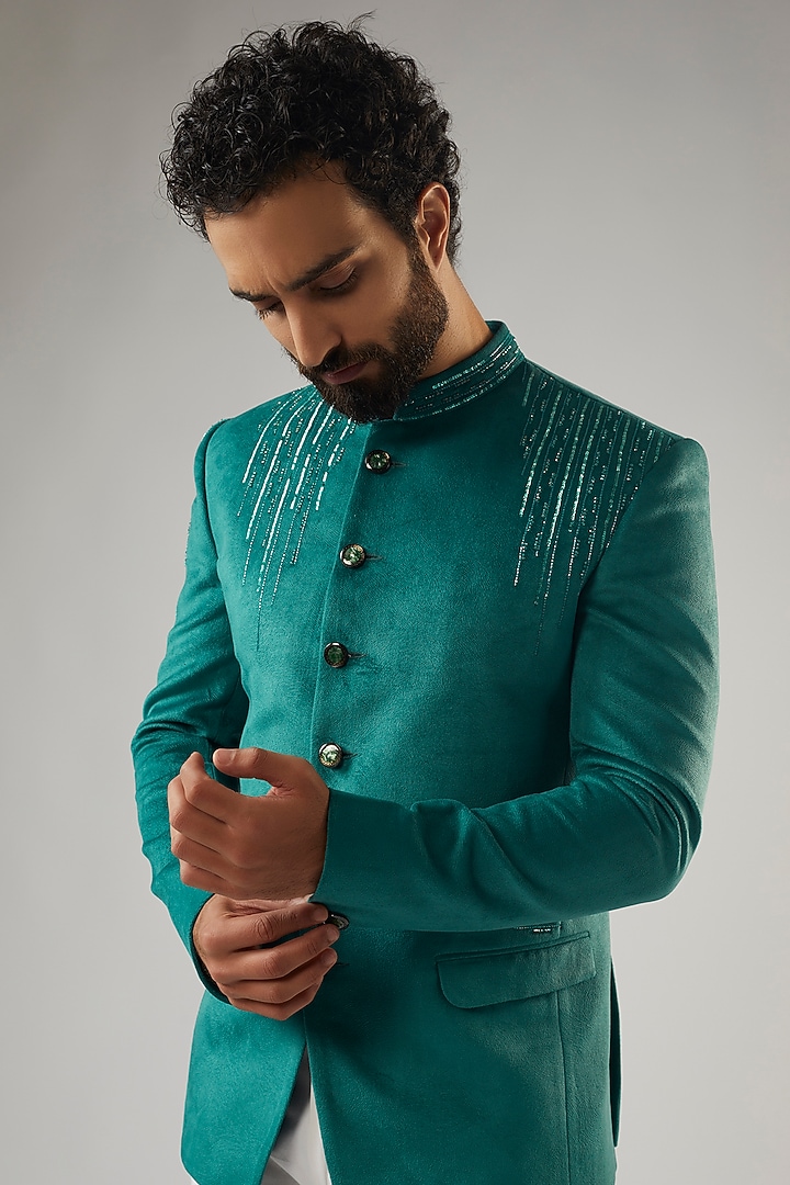 Caribbean Turquoise Knitted Velvet Embroidered Jodhpuri Set by PARV DESIGN STUDIO at Pernia's Pop Up Shop