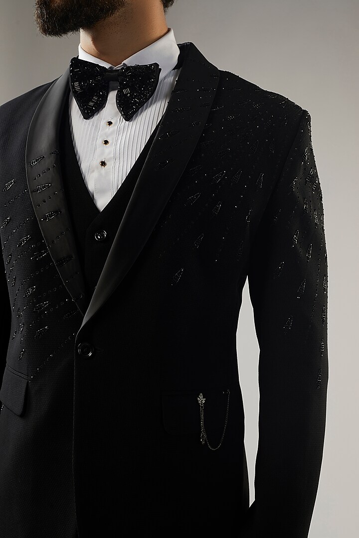 Buy Black Textured Poly Viscose Woven Embroidered Tuxedo Jacket