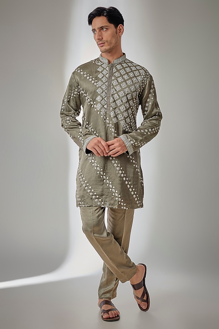 Olive Green Chanderi Satin Silk Zari Embroidered Kurta Set by PARV DESIGN STUDIO at Pernia's Pop Up Shop